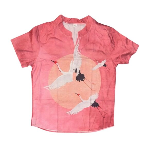 Mens Pink Crane Print Short Sleeve Shirt XL - Picture 1 of 7